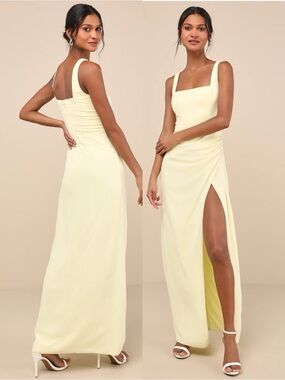 NWT Lulu’s Glamorous Disposition Light Yellow Ruched Maxi Dress Large Romantic